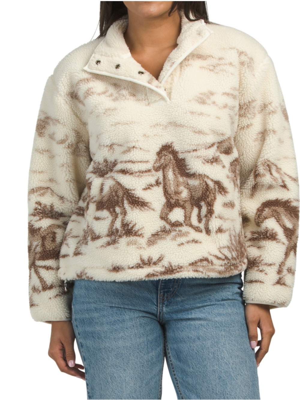 NWT Levi’s Cream and Brown running horses graphic Sherpa Pullover- S
